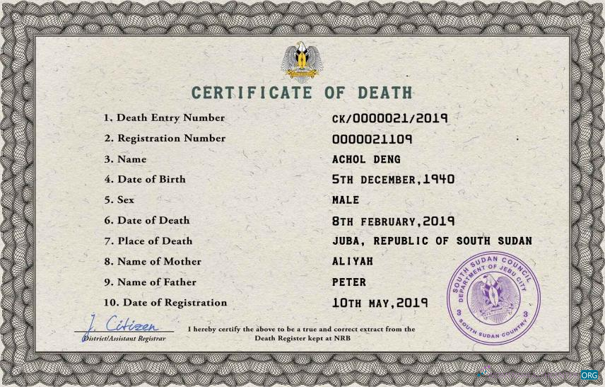 Download South Sudan death certificate PSD template Photoshop template